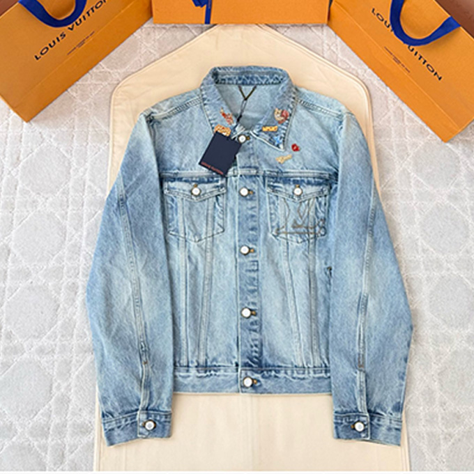 lv louis vuitton badge decorated washed denim jacket